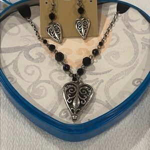 Brighton Milas Heart black Swarovski crystal Necklace & Earrings set EUC w tin